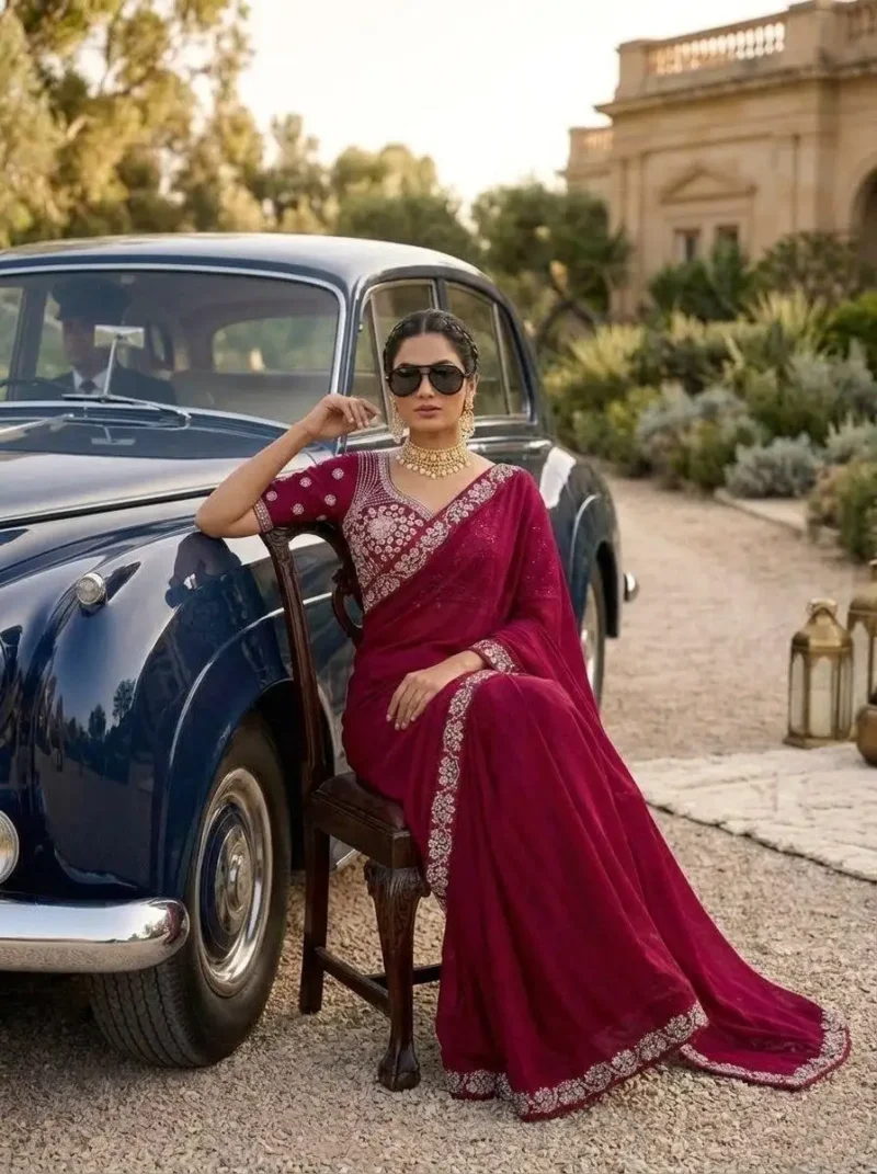 Sequence Embroidered Satin Silk Wedding Saree With Stitched Blouse