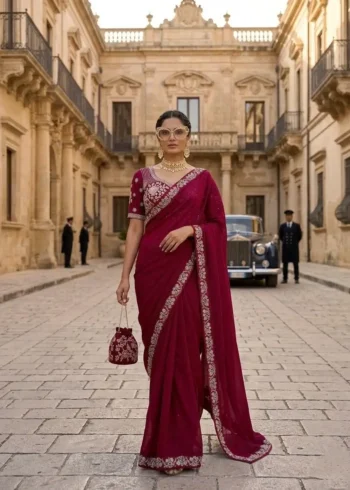 Sequence Embroidered Satin Silk Wedding Saree With Stitched Blouse