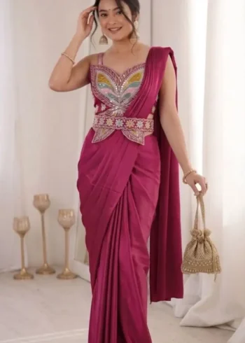 Stitched Indowestern Designer Butterfly Pattern Blouse Saree For Farewell