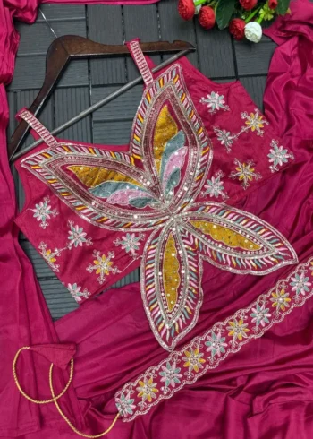 Stitched Indowestern Designer Butterfly Pattern Blouse Saree For Farewell