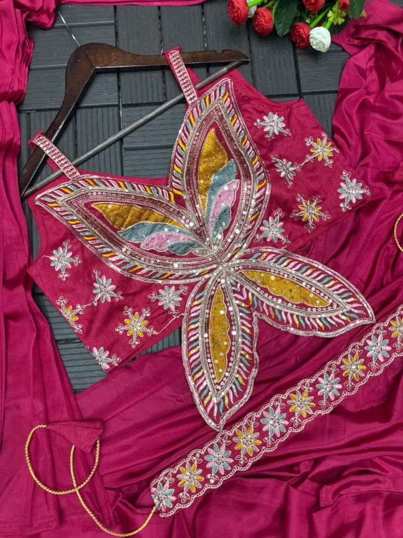 Stitched Indowestern Designer Butterfly Pattern Blouse Saree For Farewell