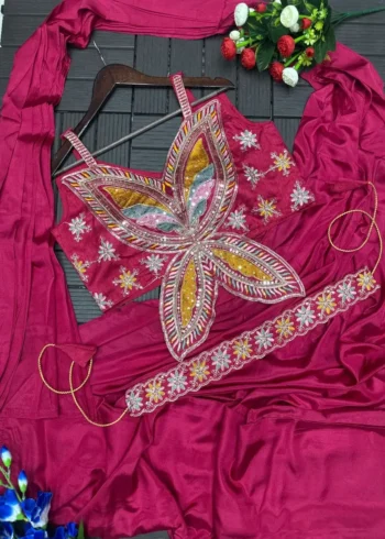 Stitched Indowestern Designer Butterfly Pattern Blouse Saree For Farewell