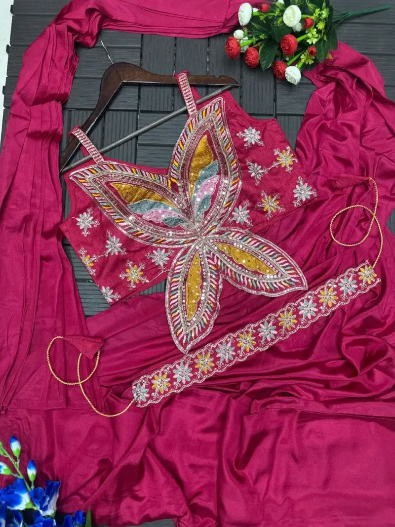 Stitched Indowestern Designer Butterfly Pattern Blouse Saree For Farewell