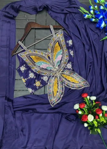 Stitched Indowestern Designer Butterfly Pattern Blouse Saree For Farewell