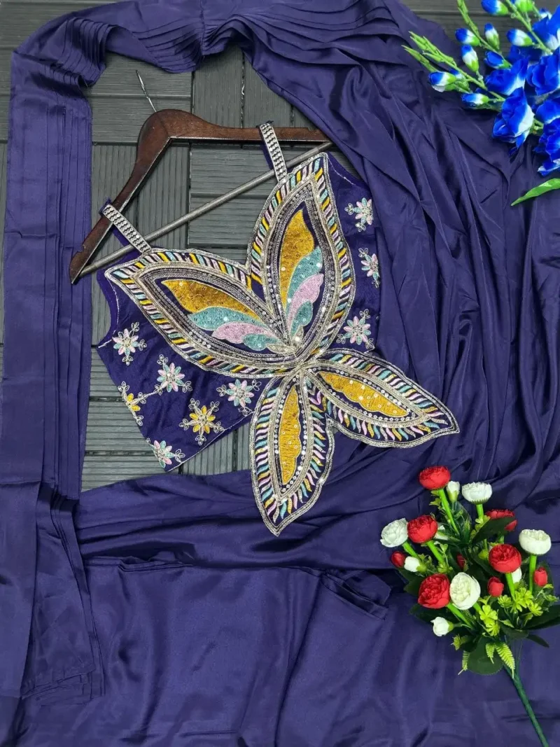 Stitched Indowestern Designer Butterfly Pattern Blouse Saree For Farewell