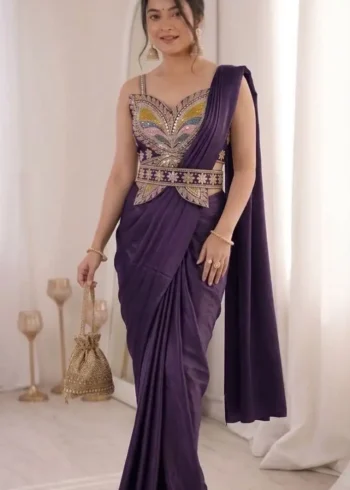 Stitched Indowestern Designer Butterfly Pattern Blouse Saree For Farewell
