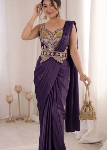 Stitched Indowestern Designer Butterfly Pattern Blouse Saree For Farewell
