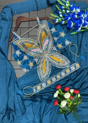 Stitched Indowestern Designer Butterfly Pattern Blouse Saree For Farewell