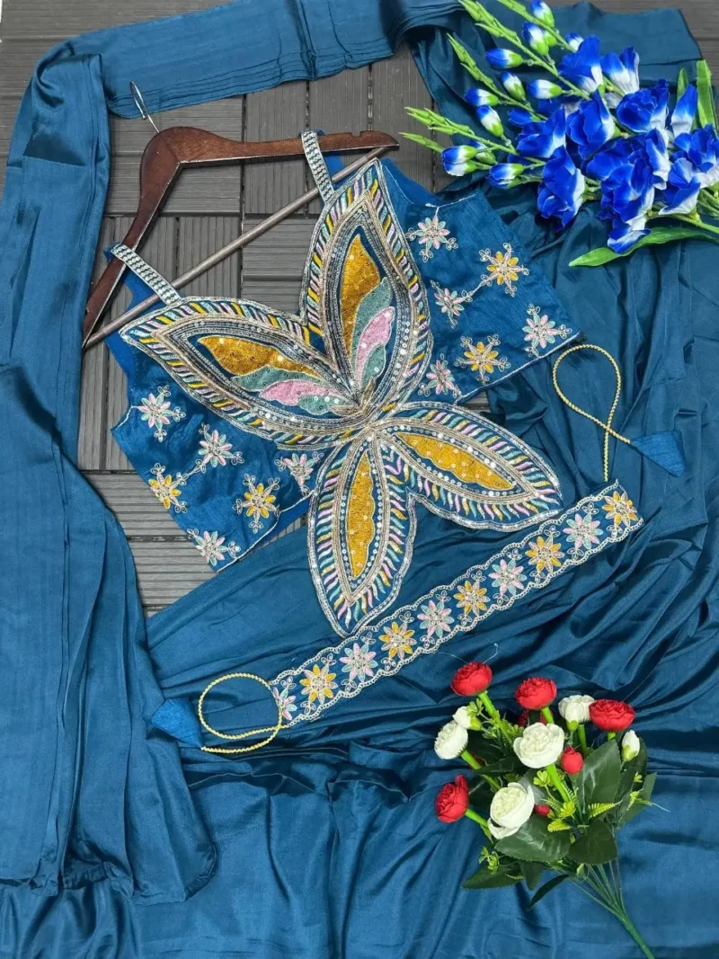 Stitched Indowestern Designer Butterfly Pattern Blouse Saree For Farewell