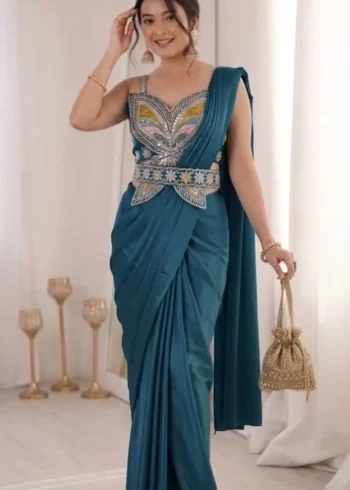 Stitched Indowestern Designer Butterfly Pattern Blouse Saree For Farewell