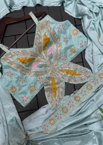 Stitched Indowestern Designer Butterfly Pattern Blouse Saree For Farewell