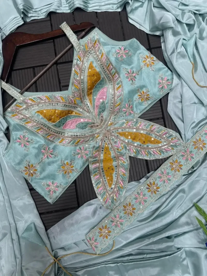 Stitched Indowestern Designer Butterfly Pattern Blouse Saree For Farewell