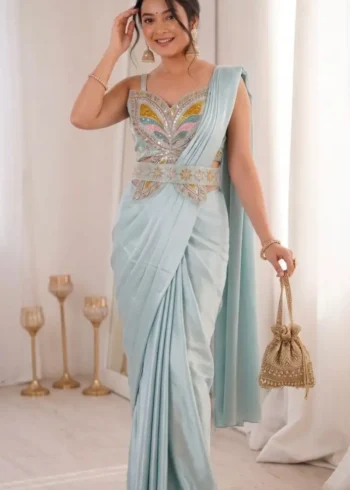 Stitched Indowestern Designer Butterfly Pattern Blouse Saree For Farewell