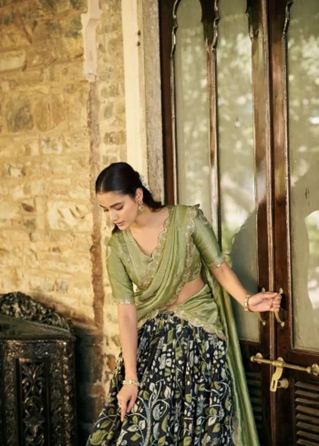 Tasar Silk Kalamkari Printed Traditional South Indian Lehenga