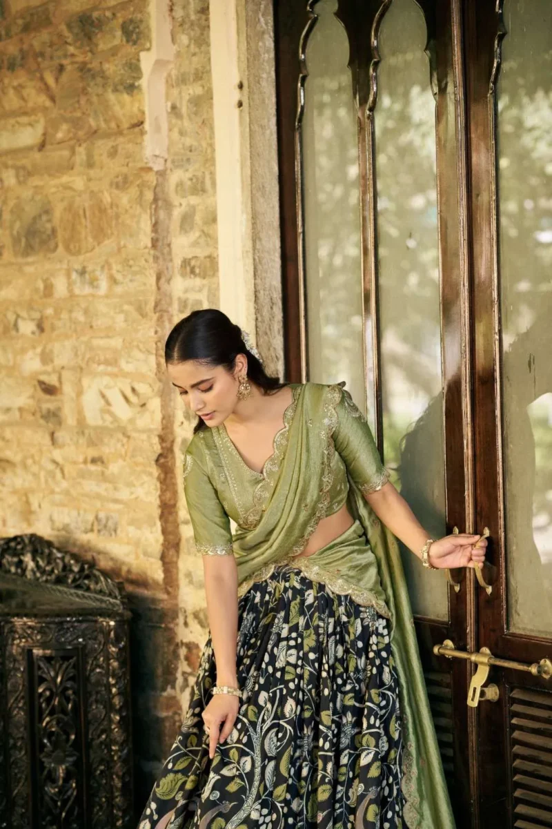 Tasar Silk Kalamkari Printed Traditional South Indian Lehenga