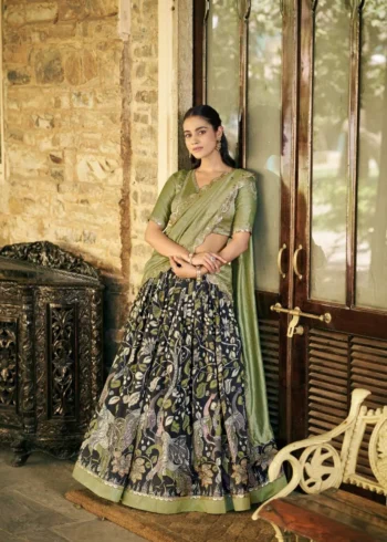 Tasar Silk Kalamkari Printed Traditional South Indian Lehenga
