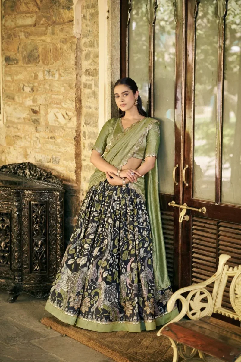 Tasar Silk Kalamkari Printed Traditional South Indian Lehenga