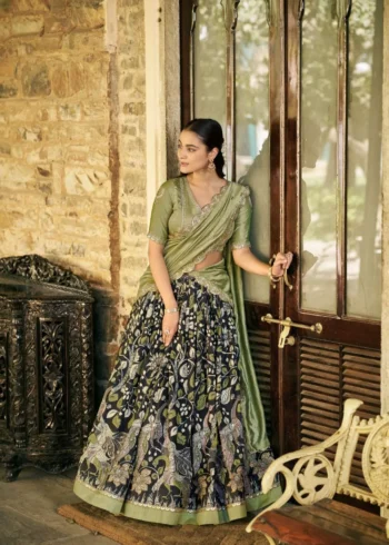 Tasar Silk Kalamkari Printed Traditional South Indian Lehenga