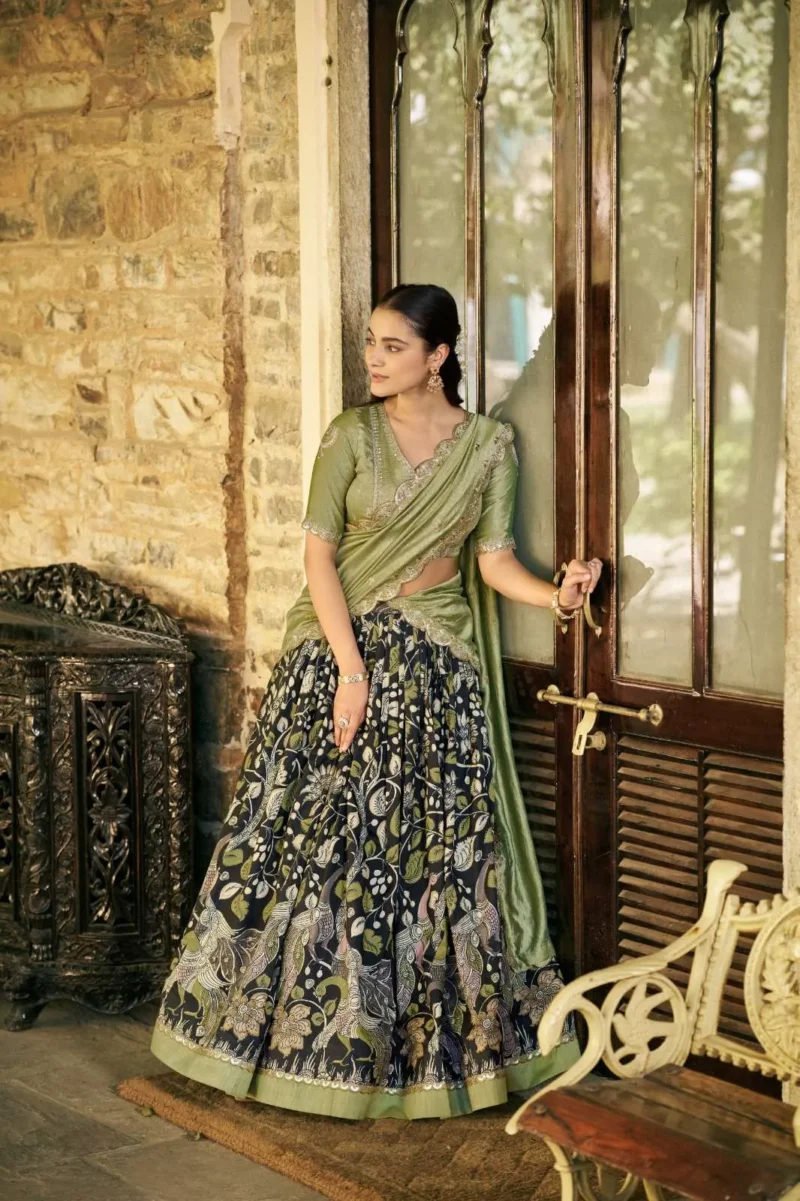 Tasar Silk Kalamkari Printed Traditional South Indian Lehenga