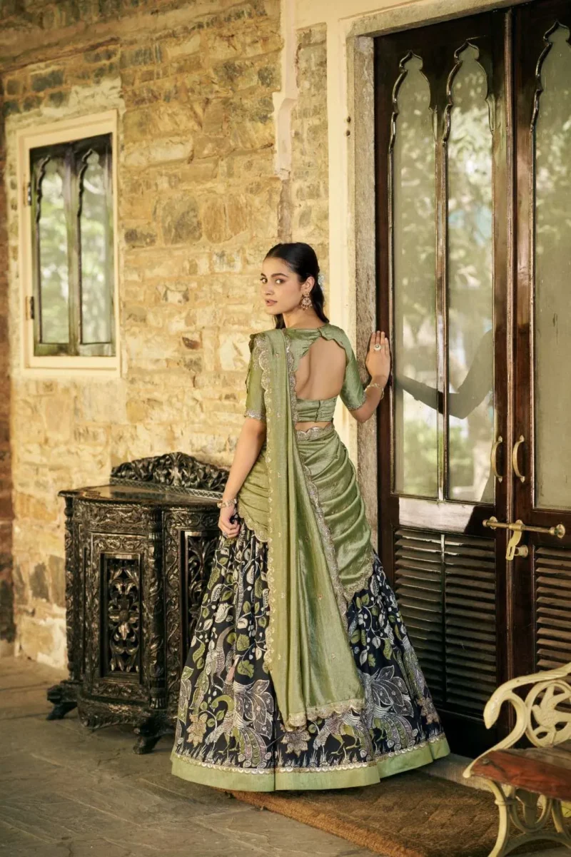 Tasar Silk Kalamkari Printed Traditional South Indian Lehenga
