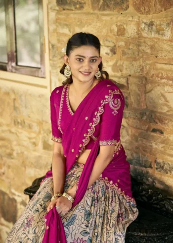Tasar Silk Kalamkari Printed Traditional South Indian Lehenga