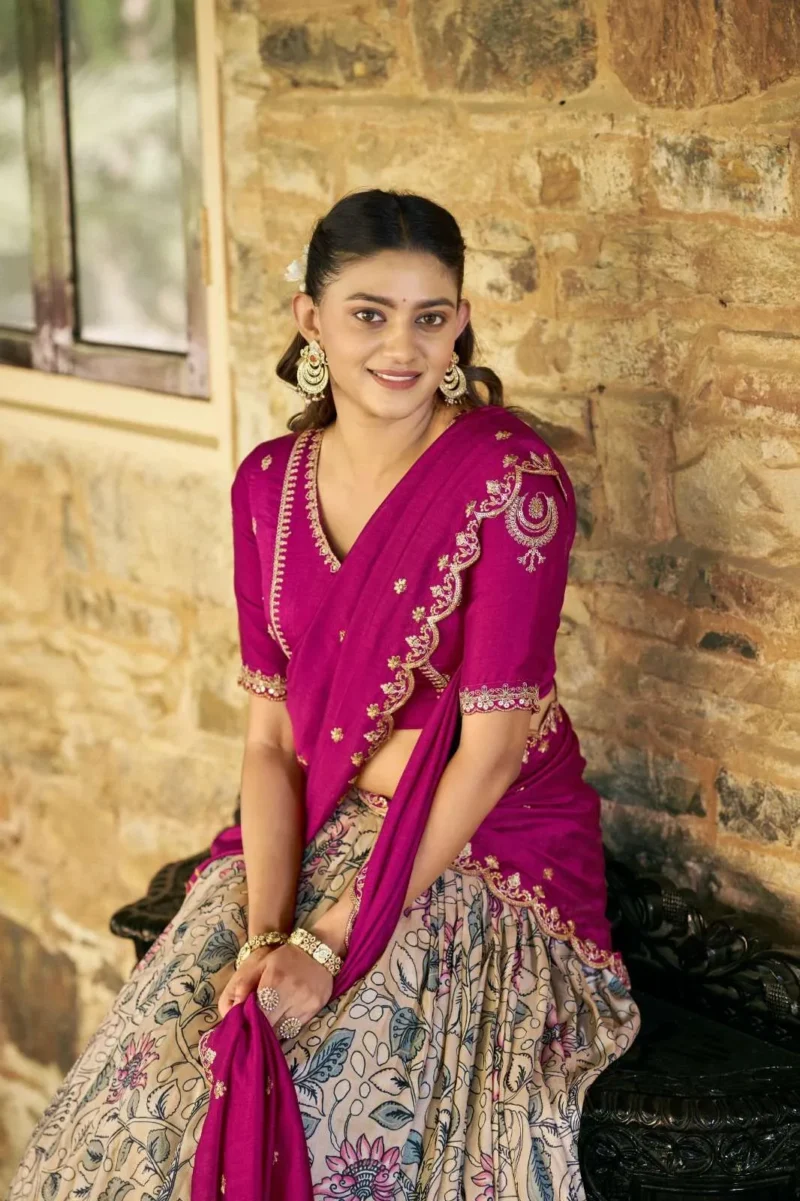 Tasar Silk Kalamkari Printed Traditional South Indian Lehenga