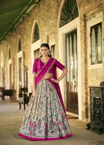 Tasar Silk Kalamkari Printed Traditional South Indian Lehenga