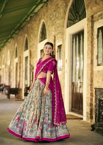 Tasar Silk Kalamkari Printed Traditional South Indian Lehenga