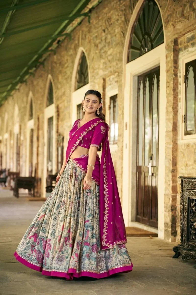 Tasar Silk Kalamkari Printed Traditional South Indian Lehenga