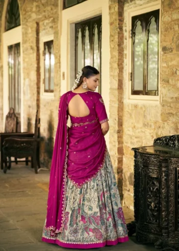 Tasar Silk Kalamkari Printed Traditional South Indian Lehenga