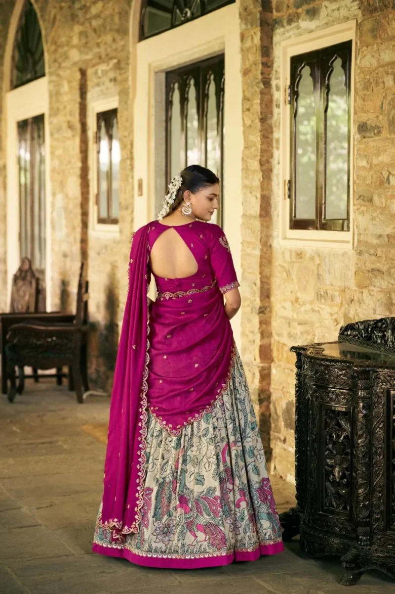 Tasar Silk Kalamkari Printed Traditional South Indian Lehenga