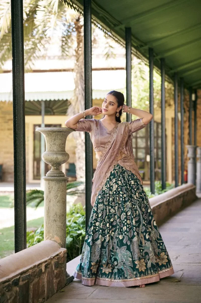 Tasar Silk Kalamkari Printed Traditional South Indian Lehenga