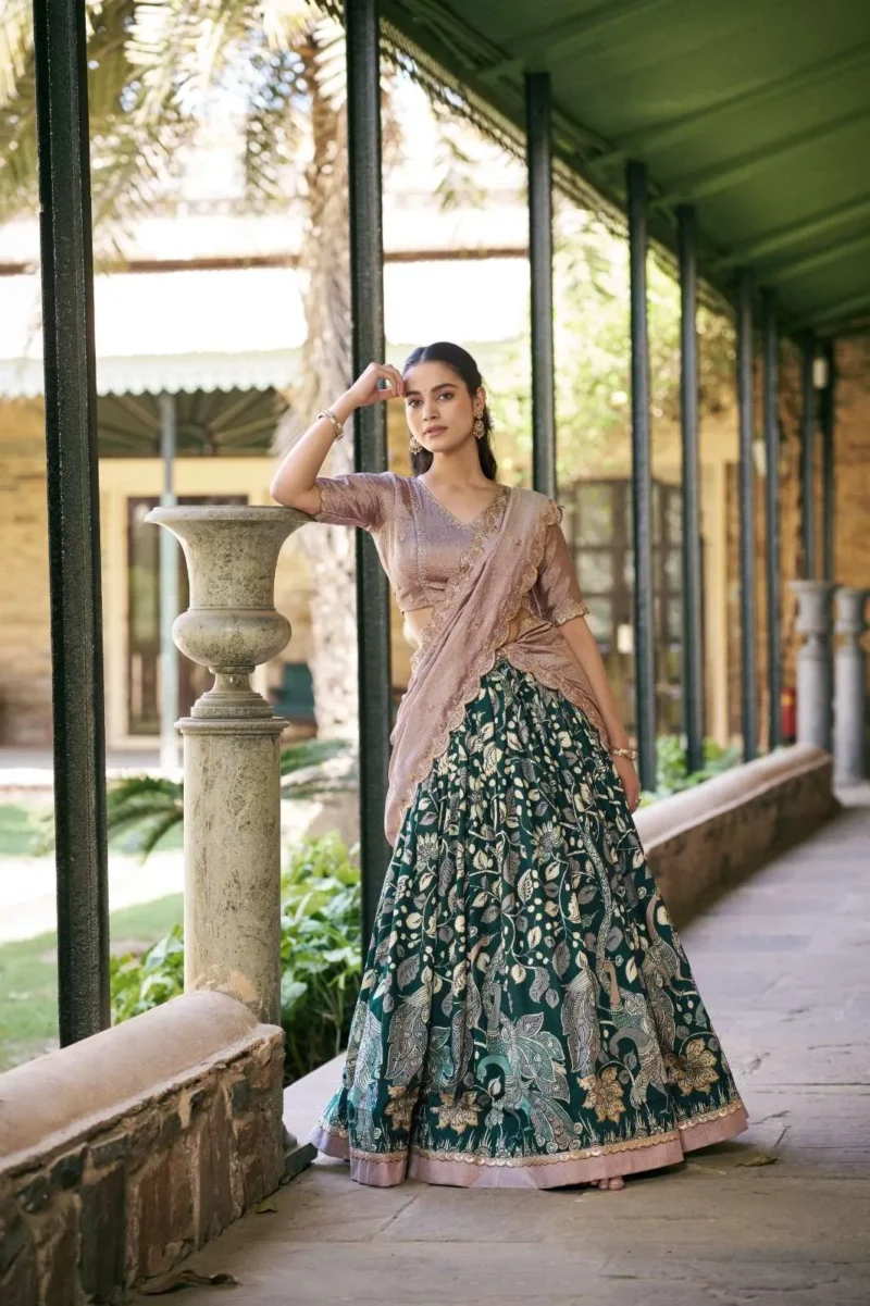 Tasar Silk Kalamkari Printed Traditional South Indian Lehenga