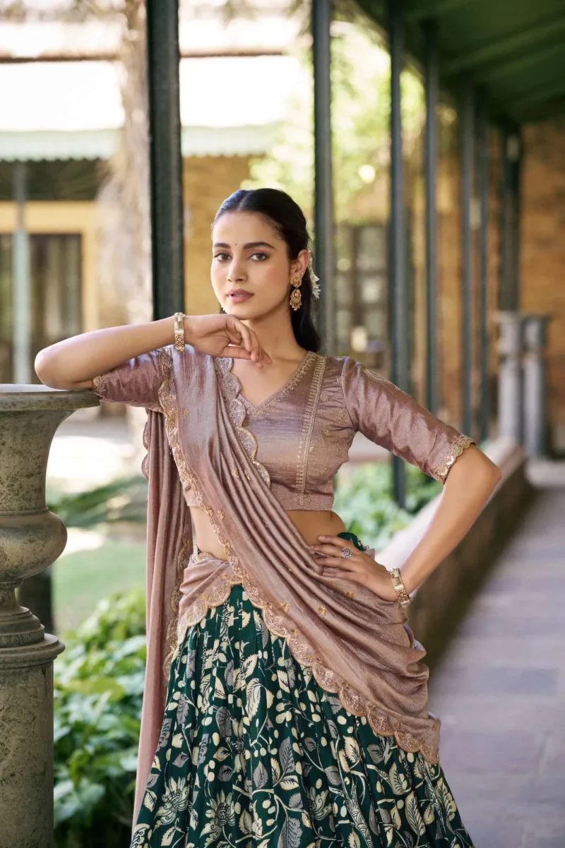 Tasar Silk Kalamkari Printed Traditional South Indian Lehenga