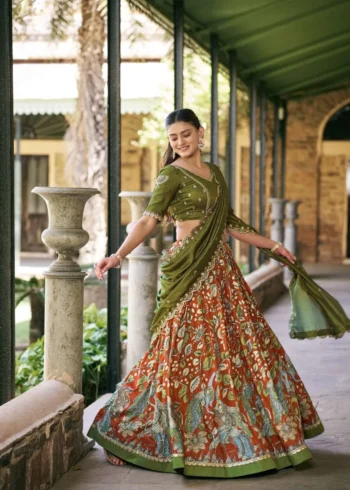 Tasar Silk Kalamkari Printed Traditional South Indian Lehenga