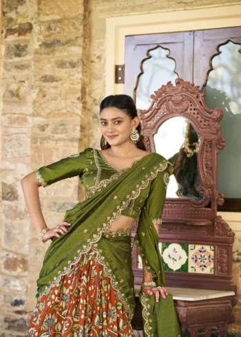 Tasar Silk Kalamkari Printed Traditional South Indian Lehenga