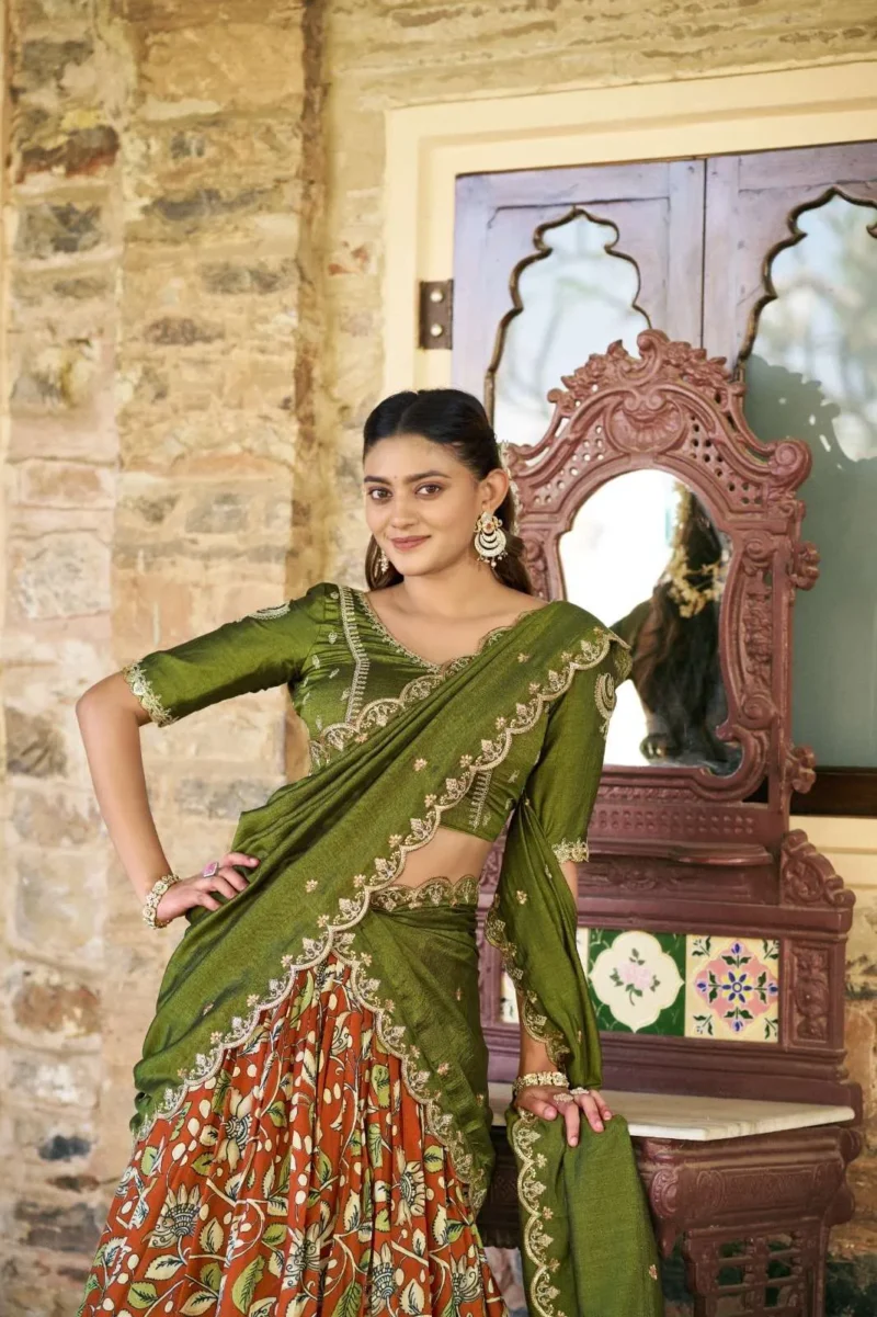 Tasar Silk Kalamkari Printed Traditional South Indian Lehenga