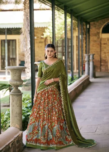 Tasar Silk Kalamkari Printed Traditional South Indian Lehenga