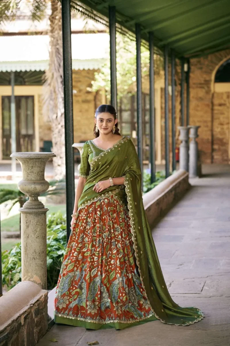 Tasar Silk Kalamkari Printed Traditional South Indian Lehenga