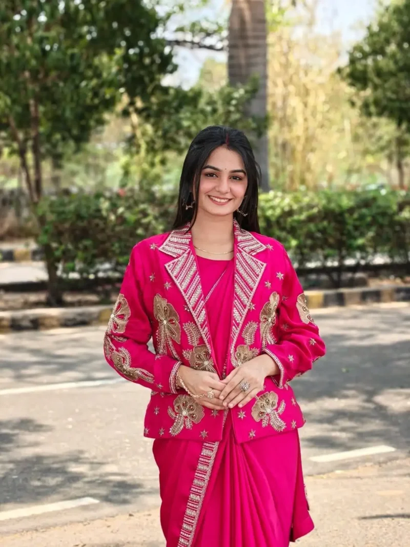Trending Indowestern Designer Party Wear Pink Saree With Koti