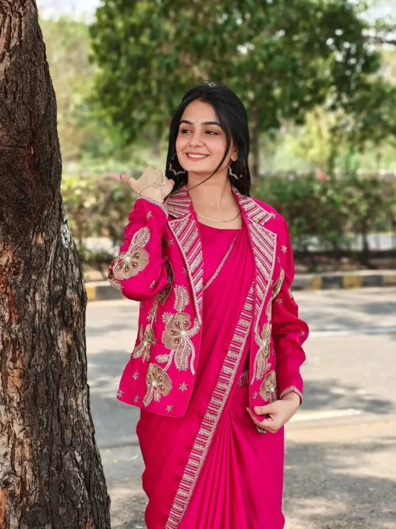 Trending Indowestern Designer Party Wear Pink Saree With Koti