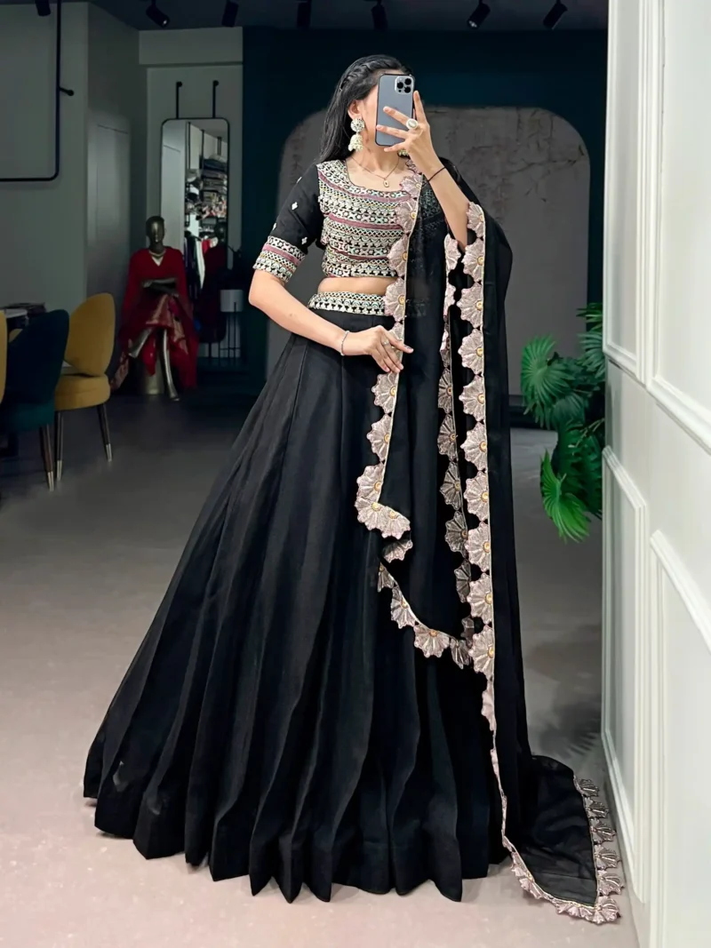 Aurum Georgette Thread Sequins Embroidered Designer Black Party Wear Lehenga