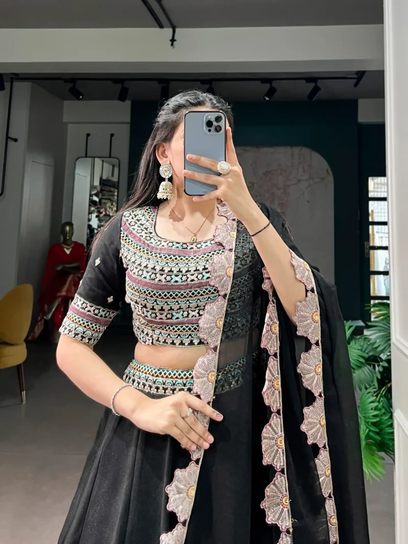 Aurum Georgette Thread Sequins Embroidered Designer Black Party Wear Lehenga