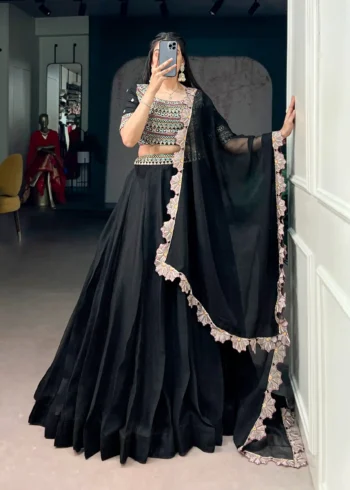 Aurum Georgette Thread Sequins Embroidered Designer Black Party Wear Lehenga