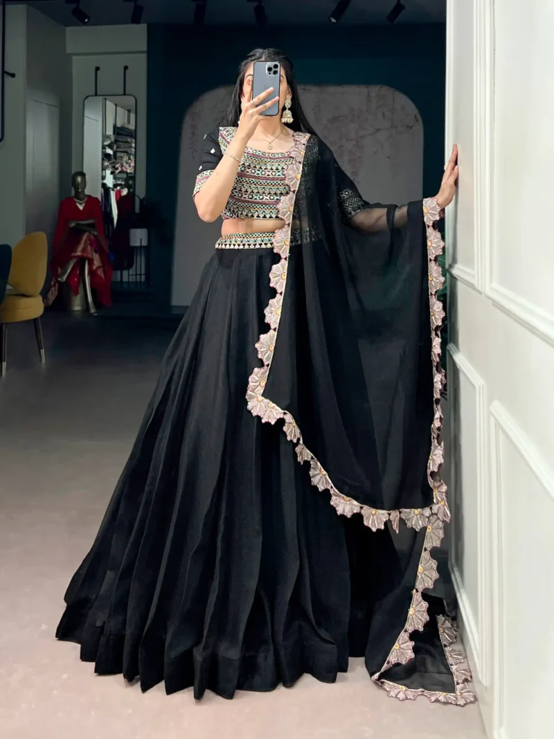 Aurum Georgette Thread Sequins Embroidered Designer Black Party Wear Lehenga