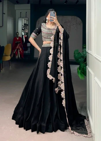 Aurum Georgette Thread Sequins Embroidered Designer Black Party Wear Lehenga