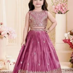 Cadillac Pink Chinon Silk Embroidered Wedding Lehenga For Kids