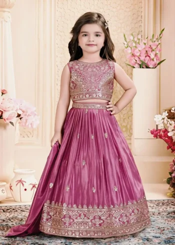 Cadillac Pink Chinon Silk Embroidered Wedding Lehenga For Kids