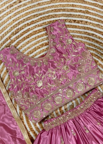 Cadillac Pink Chinon Silk Embroidered Wedding Lehenga For Kids
