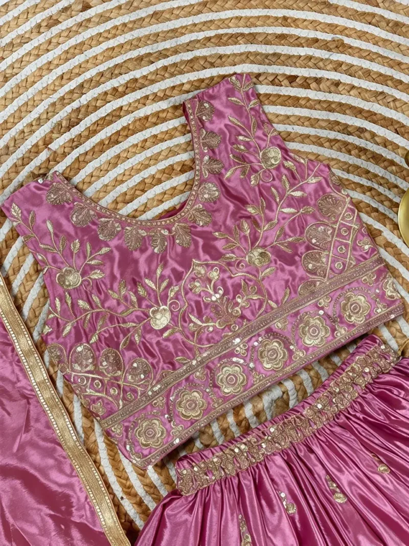 Cadillac Pink Chinon Silk Embroidered Wedding Lehenga For Kids